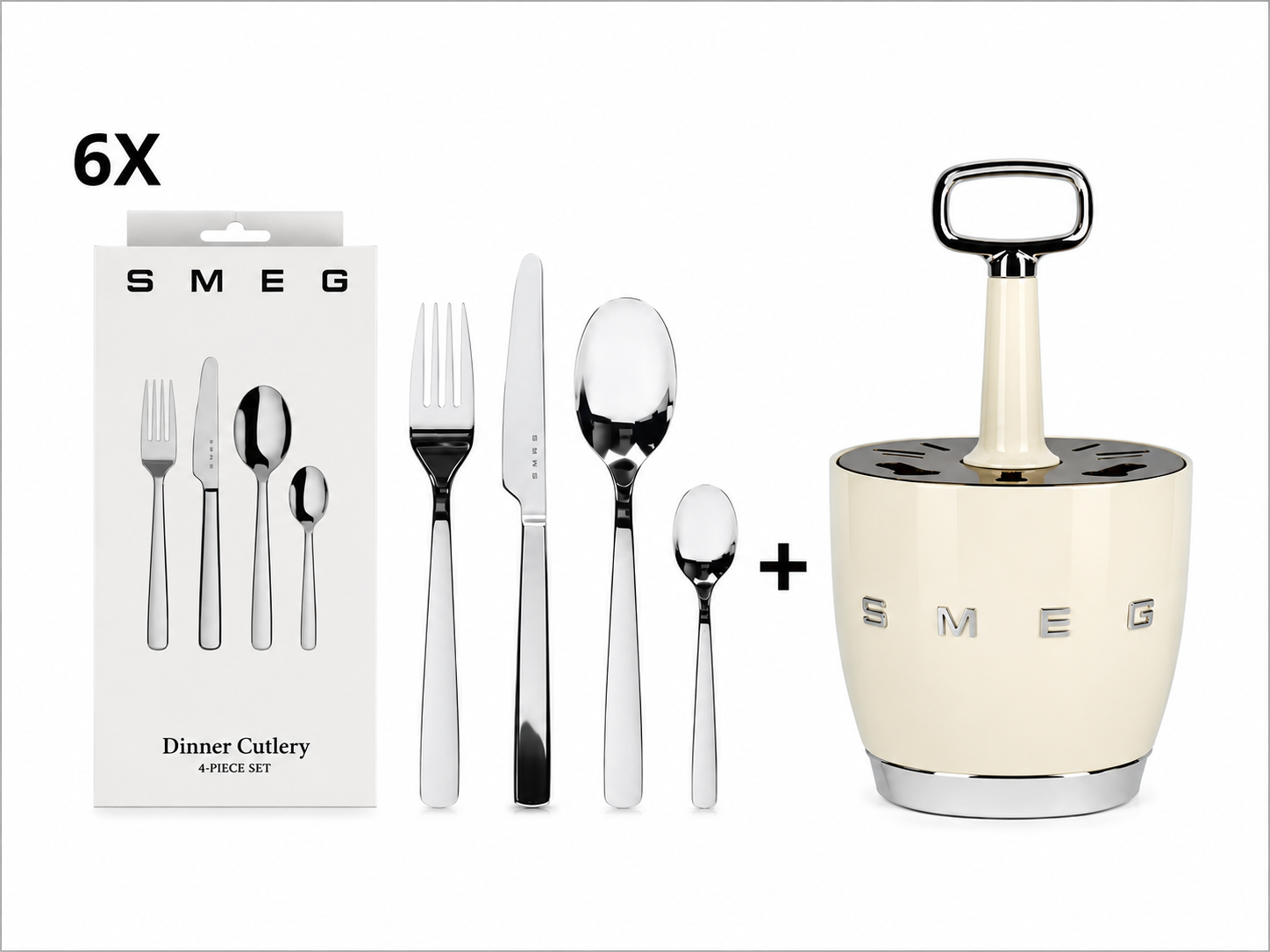 Conjunto completo SMEG: 6 kits de talheres (garfo, faca, colher de sopa e colher de chá) + porta-talheres